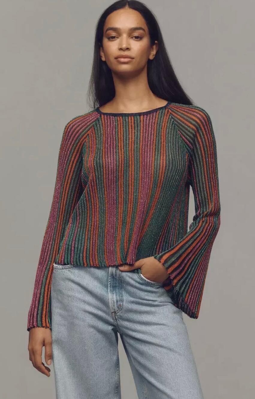 Anthropologie FRNCH Sheer Shine Metallic Knit Multicolor Bell Sleeve Top-Size M